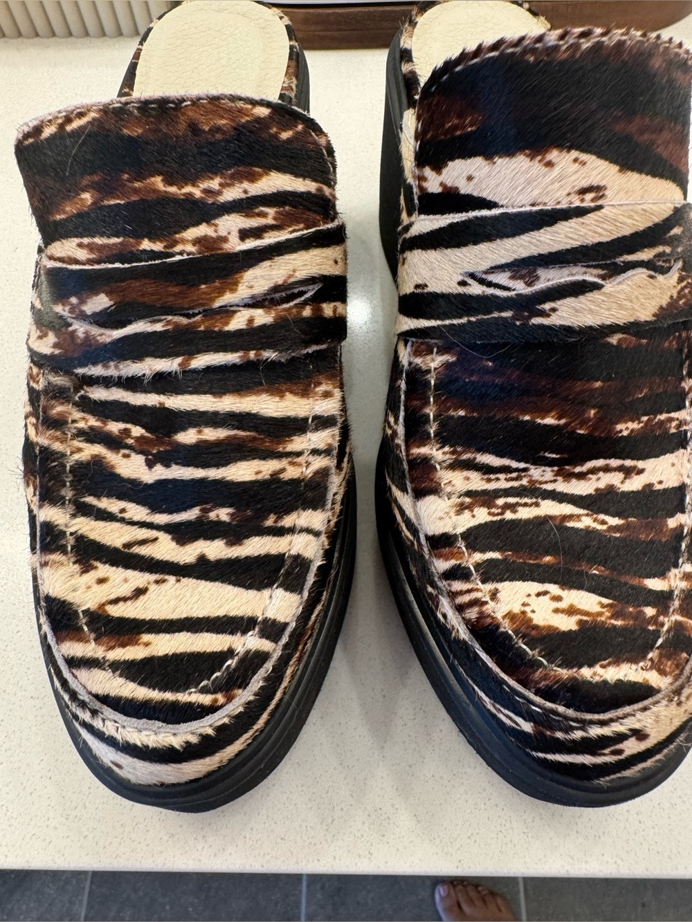Women’s Zebra-Pattern Slip-On Mules in Brown and Black